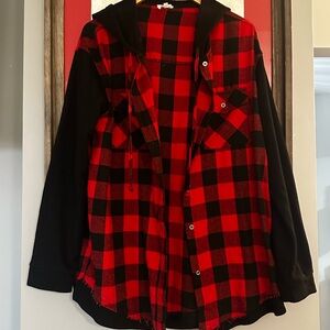 LA MIEL Red and Black Buffalo Plaid Hooded Jean Jacket